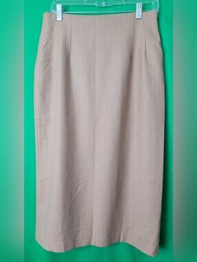 Savannah Neutral Beige Pencil Straight Midi Wool Skirt Sz 12 Vintage Back Slit